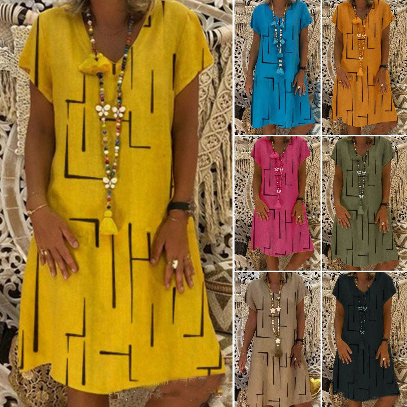 🥻Ograniczona czasowo promocja【S-5XL】Nowa sukienka z nadrukiem w serek, wykonana z bawełny i lnu, miękka i przyjazna dla skóry_4076239