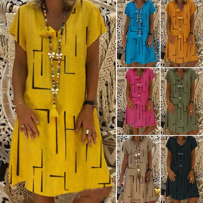 🥻Ograniczona czasowo promocja【S-5XL】Nowa sukienka z nadrukiem w serek, wykonana z bawełny i lnu, miękka i przyjazna dla skóry_4076239